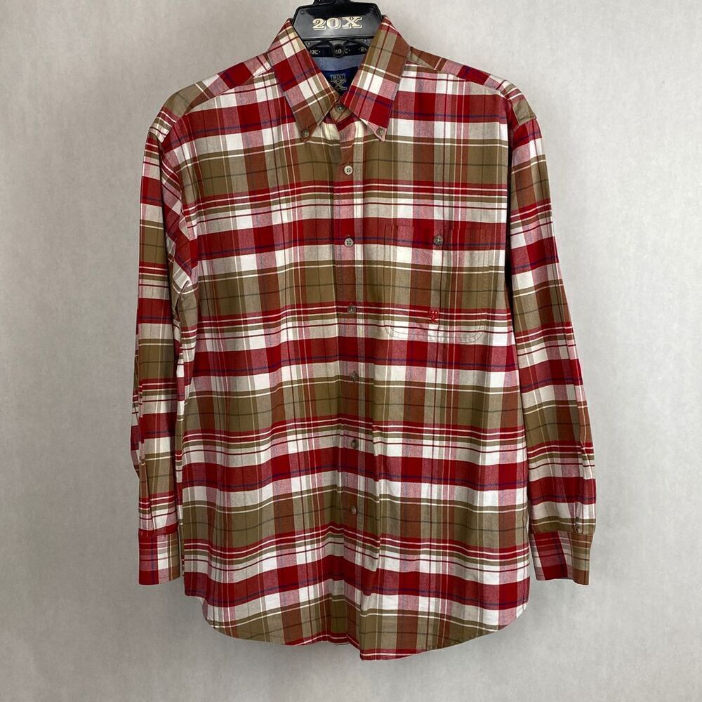 Wrangler Twenty X 20X Button Down Shirt Mens Sz M Long Sleeve Plaid Red Tan West